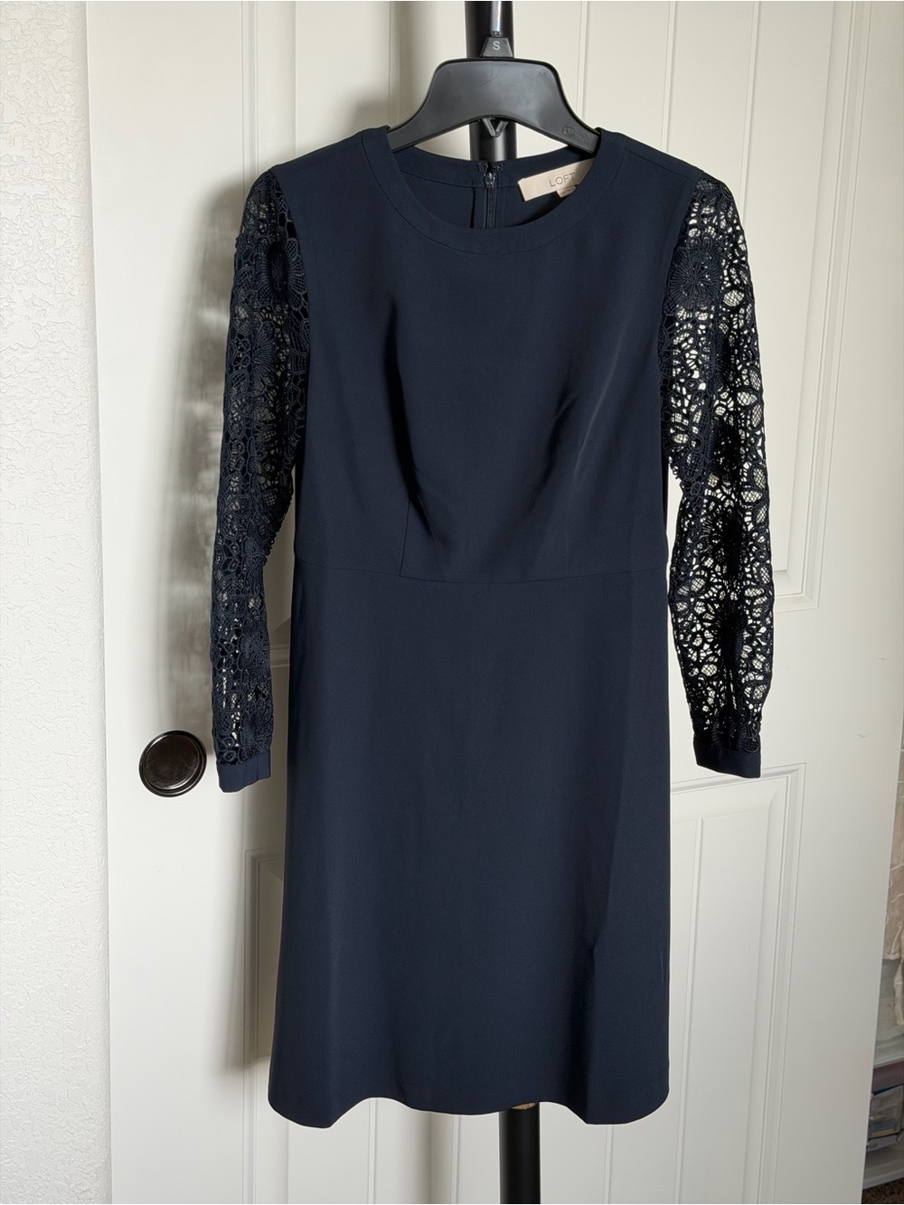 LOFT Navy Dress with Lace Long Sleeves
